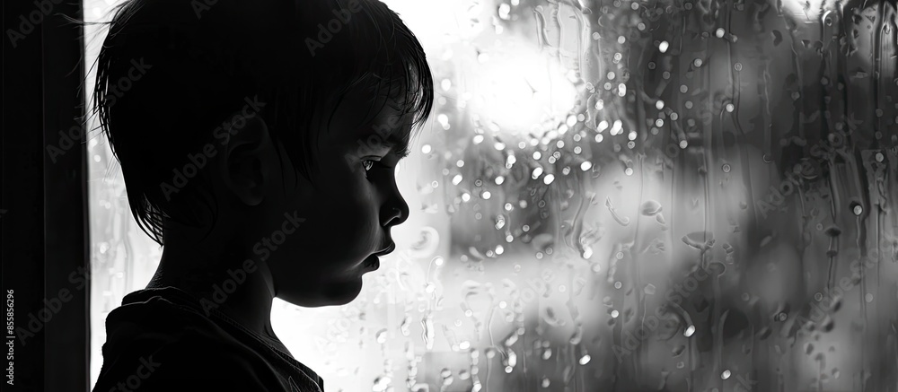 Poster Blurry background Silhouette sad boy crying at window, black and white. Copy space image. Place for adding text or design