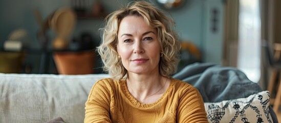 Portrait of an attractive middle-aged woman. Homemade portrait on the couch, middle-aged blonde. with copy space image. Place for adding text or design