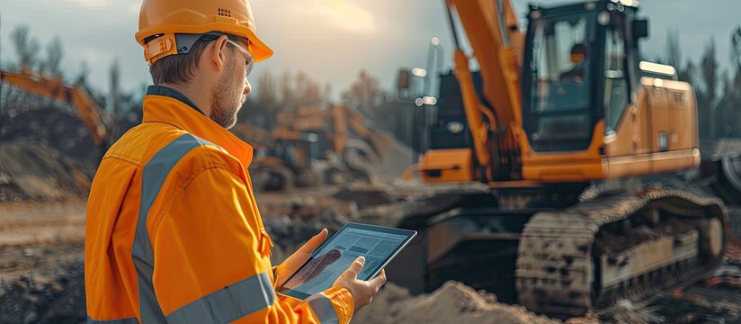 Engineer in a helmet with a digital tablet next to construction excavator. Copy space image. Place for adding text or design
