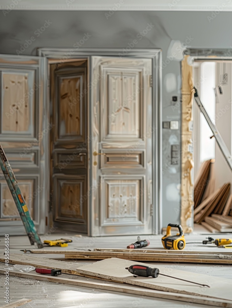 Poster a close-up shot of a new interior door being installed, with tools scattered on the floor. the old d