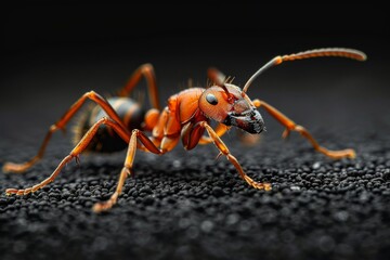 Fototapeta premium Close-Up of a Red Ant on a Black Surface