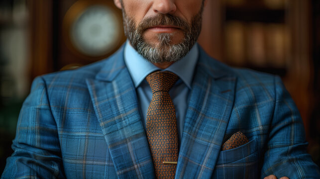 A distinguished man with a gray beard wearing a blue checkered suit, a patterned orange tie, and a matching pocket square, office