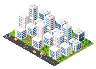 A small town surrounded by trees and a road, flat, isometric map, urban planning, suburban neighborhood. 3D illustration