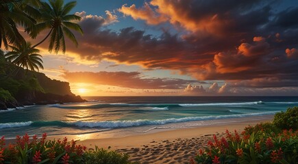  landscape with lush palm trees,