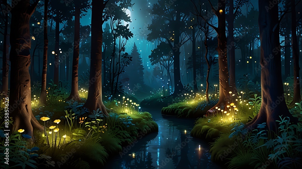Poster an enchanted forest bathed in soft moonlight, where mystical creatures and fireflies create a magica