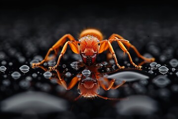 Fototapeta premium Macro Photography of a Red Ant in Water Droplets