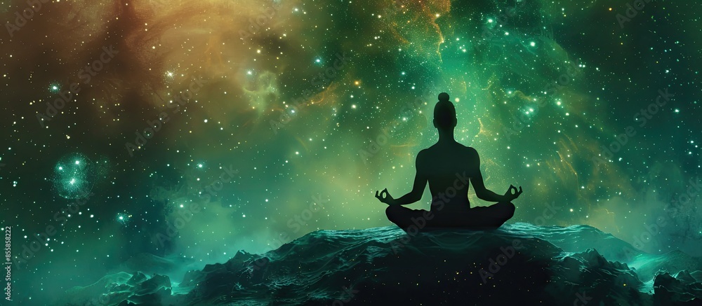 Poster silhouette of meditating human in space. infinity space. yoga man. lotus asana. chakras symbols. gre