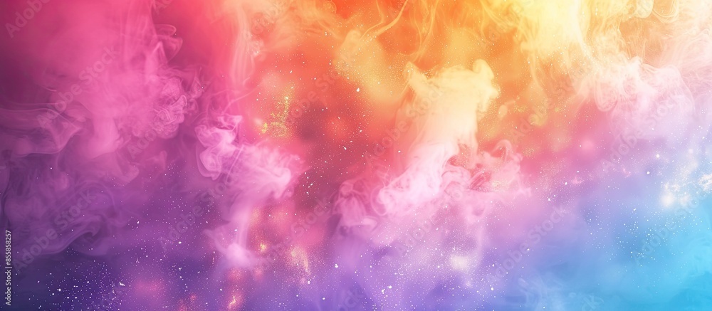 Poster Smoke colorful clouds and shiny glitter bursts. Abstract outer space fairy tale background. Copy space image. Place for adding text or design