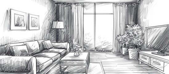hand drawn living room interior. with copy space image. Place for adding text or design