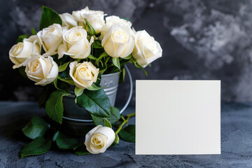 White roses bouquet standing in a bucket with blank condolences card on a dark background