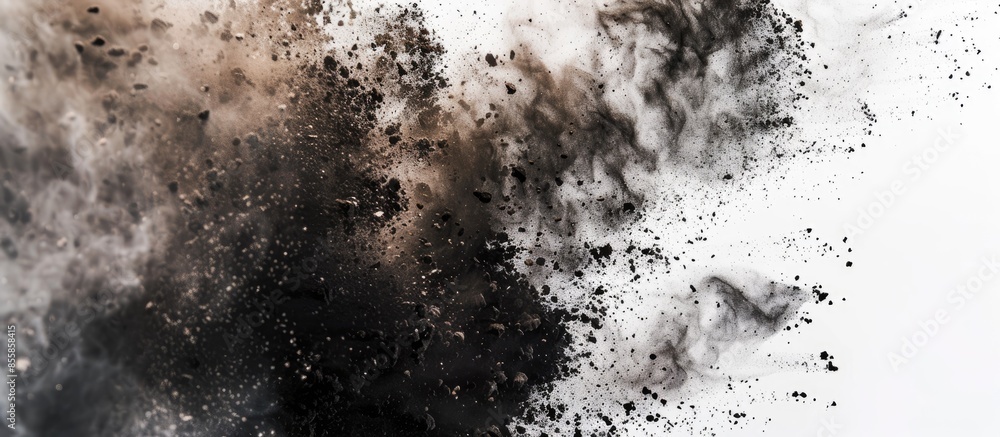 Fototapete Brown black dust powder explosion. The texture is abstract and splashes float. on a white background. with copy space image. Place for adding text or design