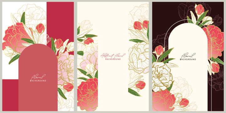 Vector floral background with hand drawn peoni golden pattern frame. Wedding elegant wildflowers for invitation save the date card. Vector trendy greenery