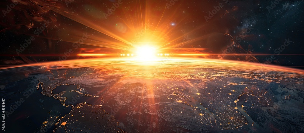 Poster dark sky background.space sunrise, good morning world. sunrise with rays and lens flare. with copy s