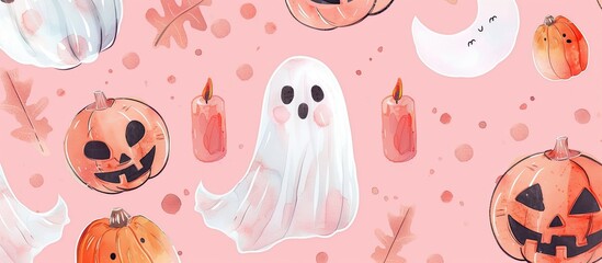 Cute pink halloween ghost in a watercolor seamless pattern with pumpkin,candle and moon.Cute digital paper isolated on pink background.Playful halloween decoration.Playful halloween decoration