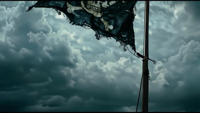 Jolly roger pirate flag waving in the wind, a pirate is seen from the back watching over the ocean, 4k