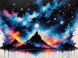 Fototapeta premium Background watercolor a beautiful landscapes filled with trees and mountains.