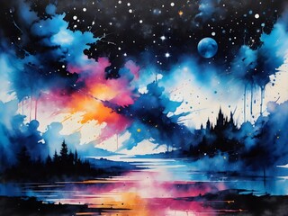Background watercolor a beautiful landscapes filled with trees and mountains.