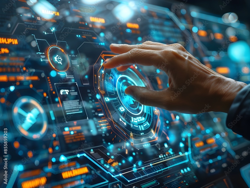 Poster futuristic holographic interface displaying complex data with hand interaction