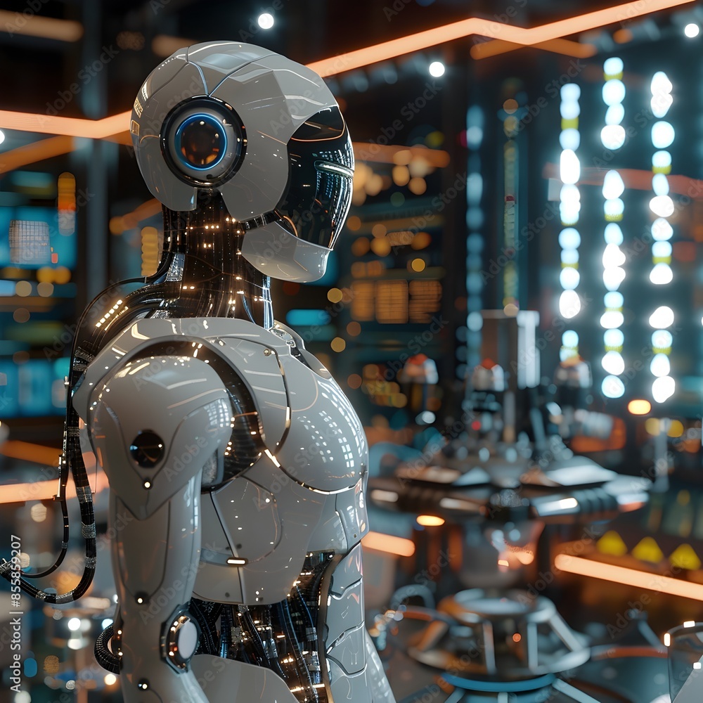 Poster robot with human features working in a futuristic laboratory surrounded by advanced machinery and gl