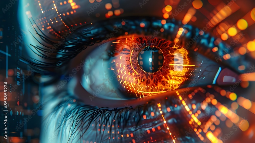 Poster biometric security system scanning a detailed retina display with high tech visuals technology conce