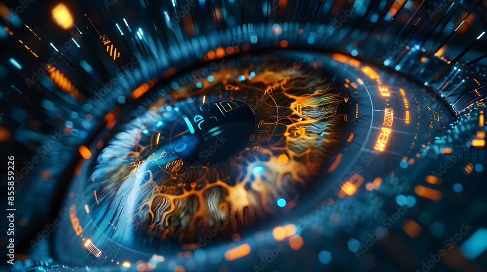 Poster biometric security system scanning detailed retina display in futuristic visuals with vibrant color 