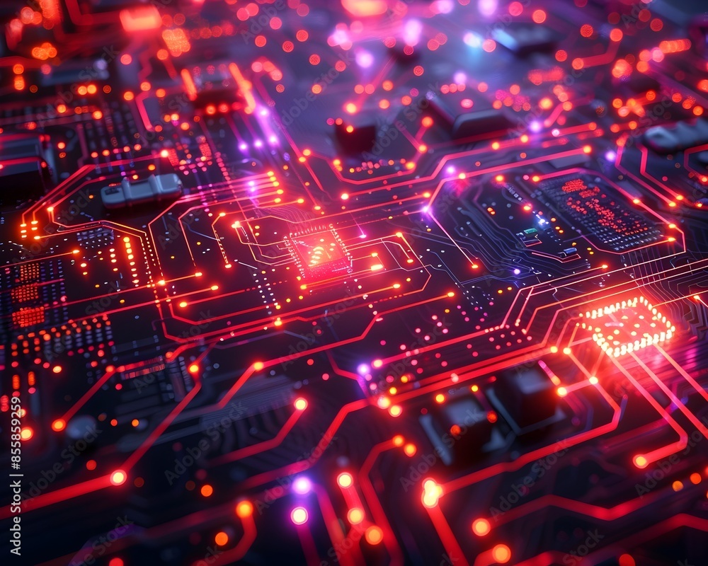 Poster glowing quantum computer interface with intricate circuits and data streams
