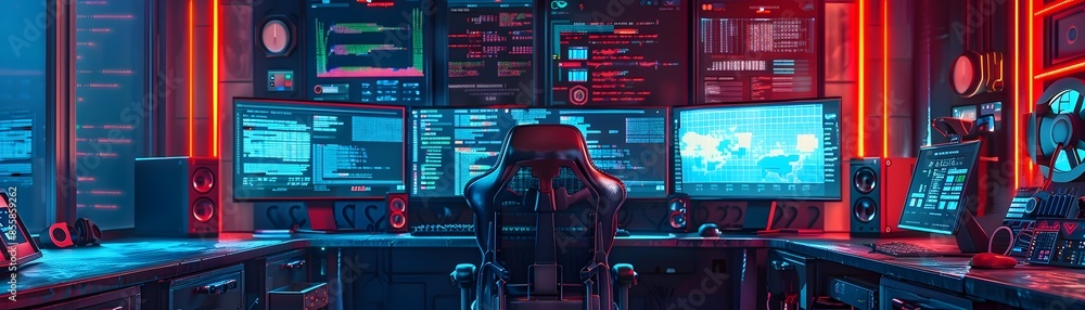 Aufkleber hacker s workspace with neon lights and screens technology concept copy space