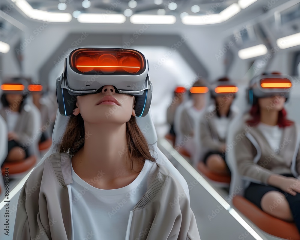 Aufkleber futuristic classroom with students using vr headsets for interactive learning technology concept