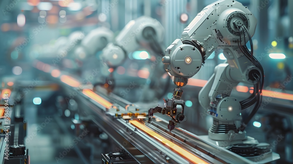 Poster automated factory with robotic arms assembling products with precision modern manufacturing technolo