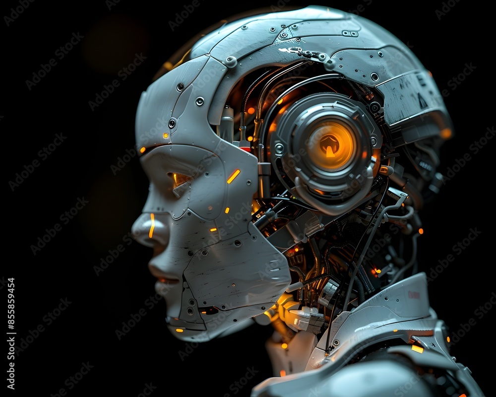 Poster cybernetic organism blending human and machine highlighting future of and robotics technology concep