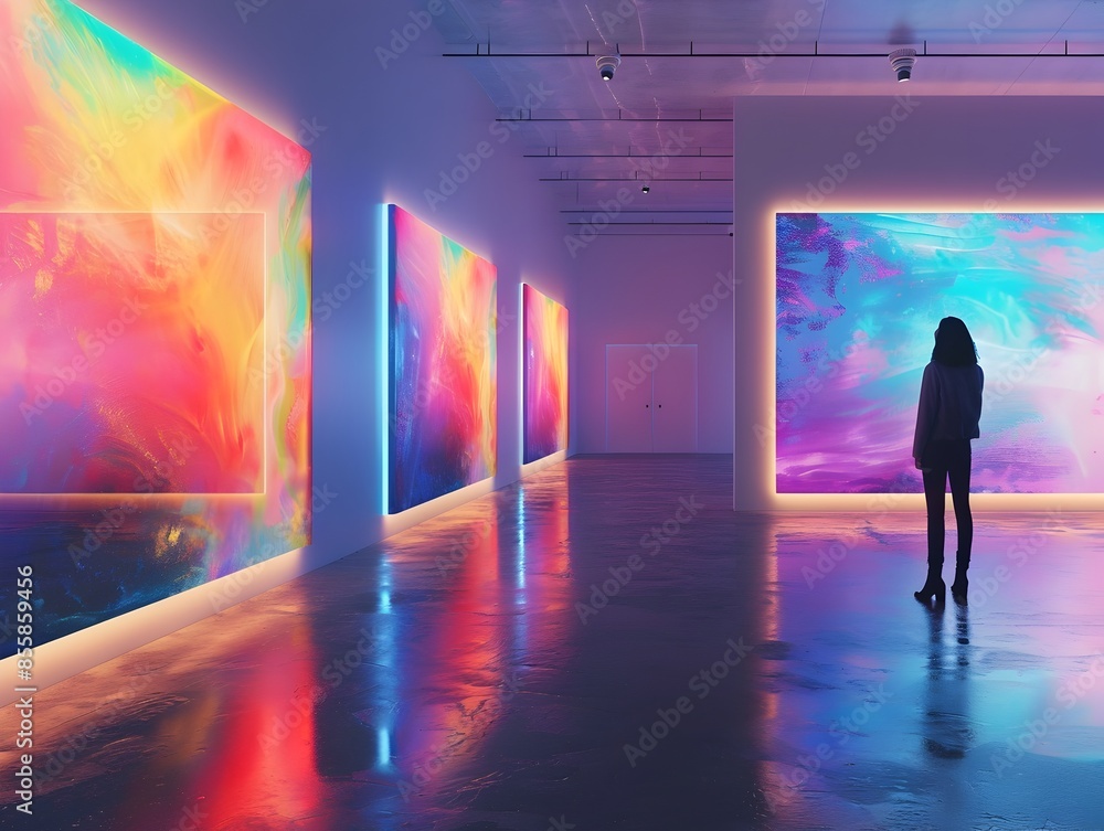 Poster captivating ai driven art gallery with dynamic immersive exhibits adapting to viewer preferences