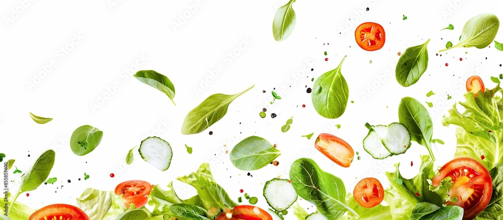 Aufkleber flying fresh salad isolated over white background. copy space image. place for adding text or design