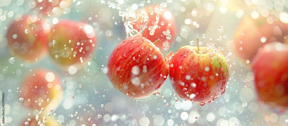 Poster apples with stopped motion water pastel background  Abstract. with copy space image. Place for adding text or design