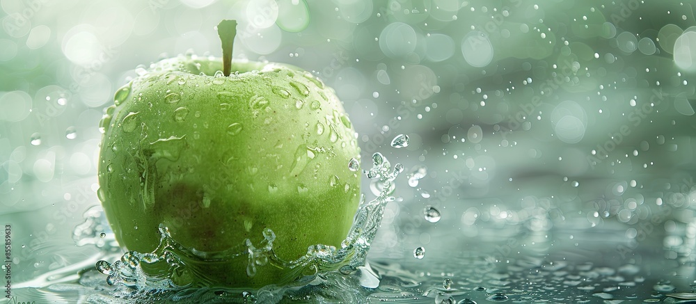 Fototapete Green apple and splashes of water on a colopastel background. with copy space image. Place for adding text or design