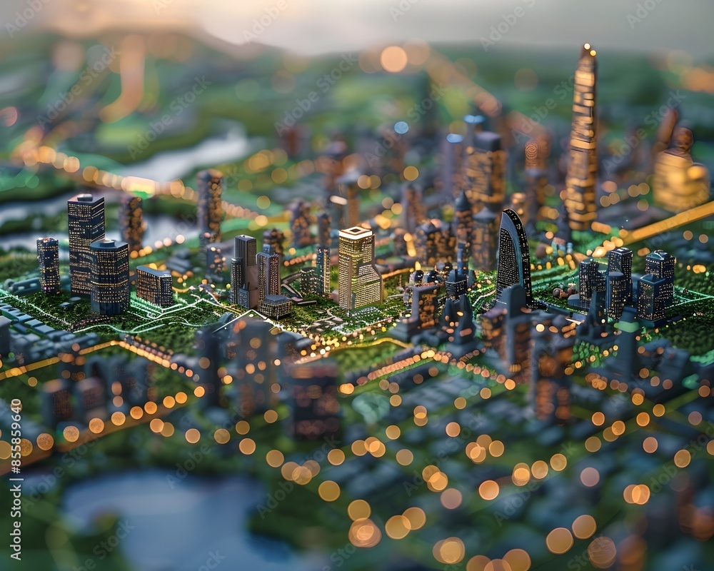Poster aerial overview of a futuristic technology driven urban planning model with virtual simulations for 