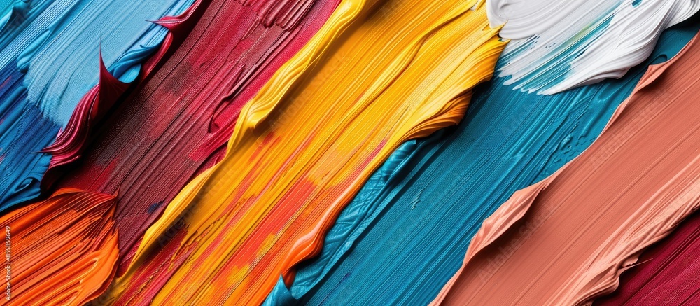 Poster Close up view of a beautiful abstract art background of detail bright colorful fabric palette texture samples.