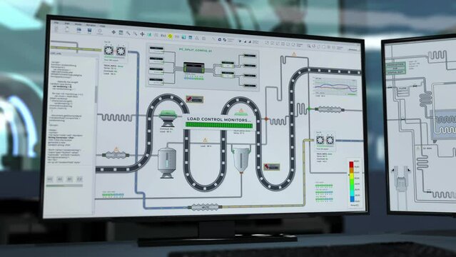 Modern software operating factory conveyor equipment. Software monitoring the factory equipment carrying the manufactured product. AI Software scanning the items on the factory conveyor equipment.