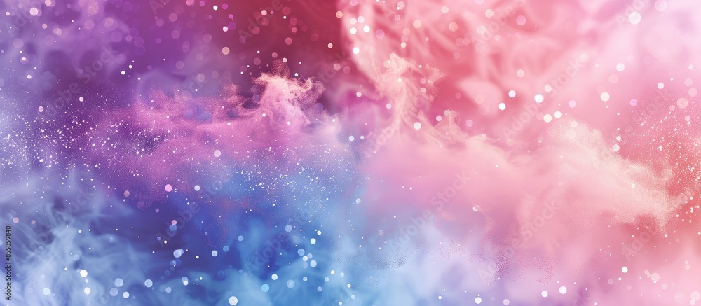 Poster Smoke colorful clouds and shiny glitter bursts. Abstract outer space fairy tale background. Copy space image. Place for adding text or design