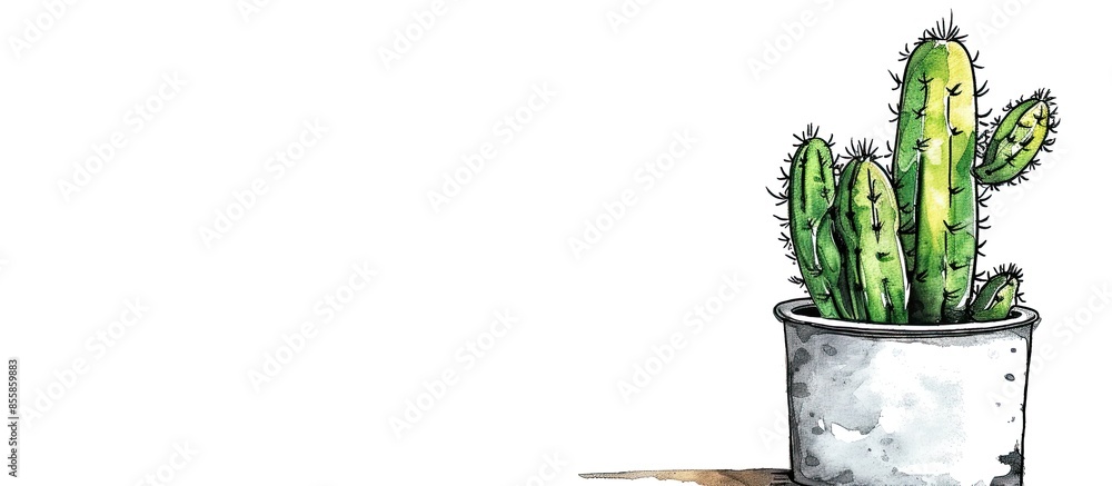 Poster Cactus in a doodle pot isolated on a white background. with copy space image. Place for adding text or design
