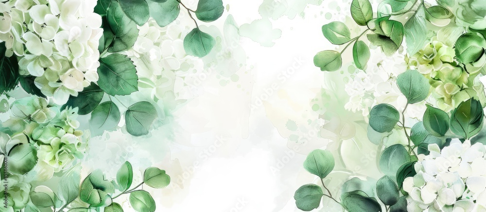 Aufkleber watercolor bouquet with white flowers and green branches. hydrangea and eucalyptus. pastel backgroun
