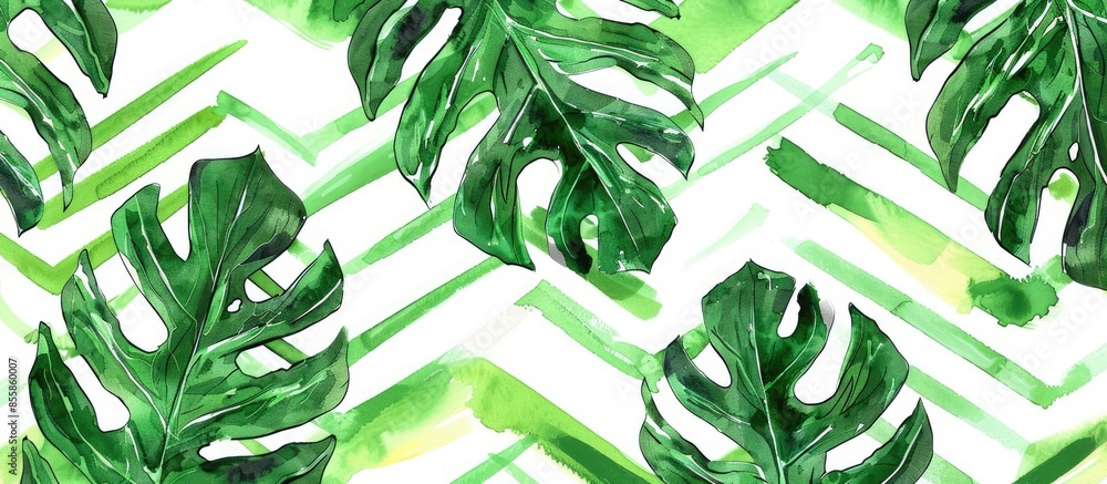 Aufkleber Abstract Watercolor Tropical Monstera Leaf Repeating Pattern with Zigzag Striped Background . with copy space image. Place for adding text or design