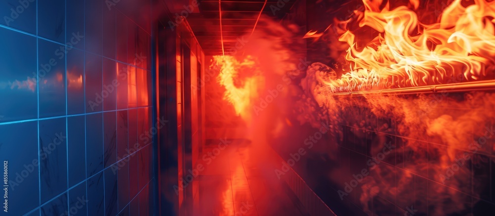 Aufkleber fire exit.big fire in the building.fire and smoke.fire alarm. with copy space image. place for addin