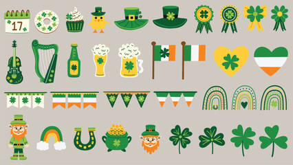 St. Patrick's Day elements set. Banners, buntings, clover leaves, Ireland, Irish flags, leprechaun, horseshoe, lucky day, pot of gold coins, rainbow, shamrock. Hand drawn vector illustrations. © draftsndoodles