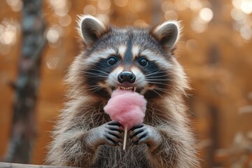 A playful raccoon holding a piece of pink cotton candy, sitting on a wooden fence. The raccoon looks excited and happy 