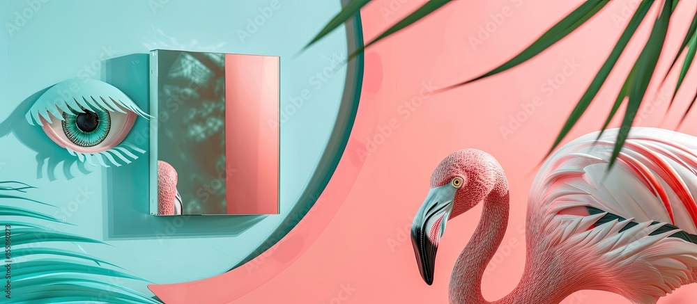 Aufkleber Abstract flamingo and eyeshaped mirror.Modern boho interior with abstract elements in  cut out style. with copy space image. Place for adding text or design