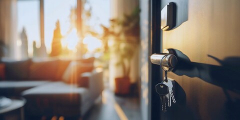 New home ownership with keys hanging on front door, real estate and mortgage concept