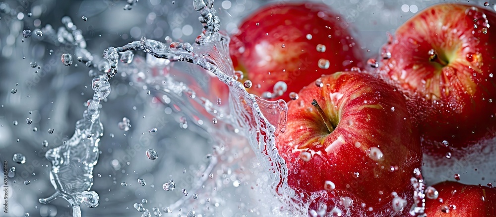 Poster apples with stopped motion water pastel background  Abstract. with copy space image. Place for adding text or design