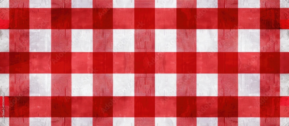 Poster Seamless red checkered plaid fabric pattern texture. Modified stripes consisting of crossed horizontal and vertical lines.Seamless picnic pattern. Copy space image. Place for adding text or design