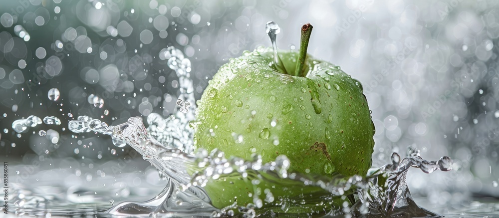 Poster Green apple and splashes of water on a colopastel background. with copy space image. Place for adding text or design
