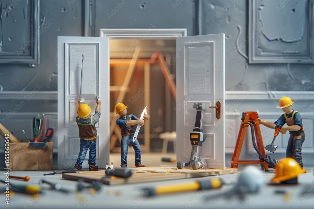 Poster A close-up image showcasing miniature workers installing a new door in a home under construction. The image highlights the detail and professionalism of the installation process. Generative AI